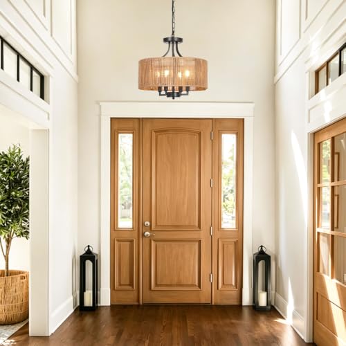 2-in-1 Convertible Rattan Boho Chandelier Pendant Light Fixture for Dining Room Bedroom Living Room