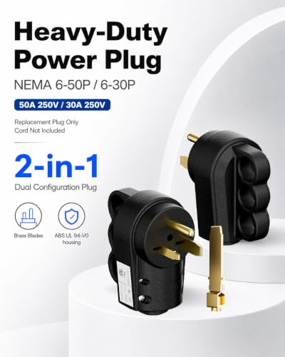 2-in-1 NEMA 6-30P & 6-50P Male Plug Heavy Duty 220 Plug 3 Prong, 30/50 Amp Power Plug for Welder/Generator, Industrial Grade, Grounding, 50 amp 3 Prong Plug, ETL Listed