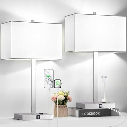 21" Set of 2 Touch Control Table Lamps with 2 USB & AC Outlets