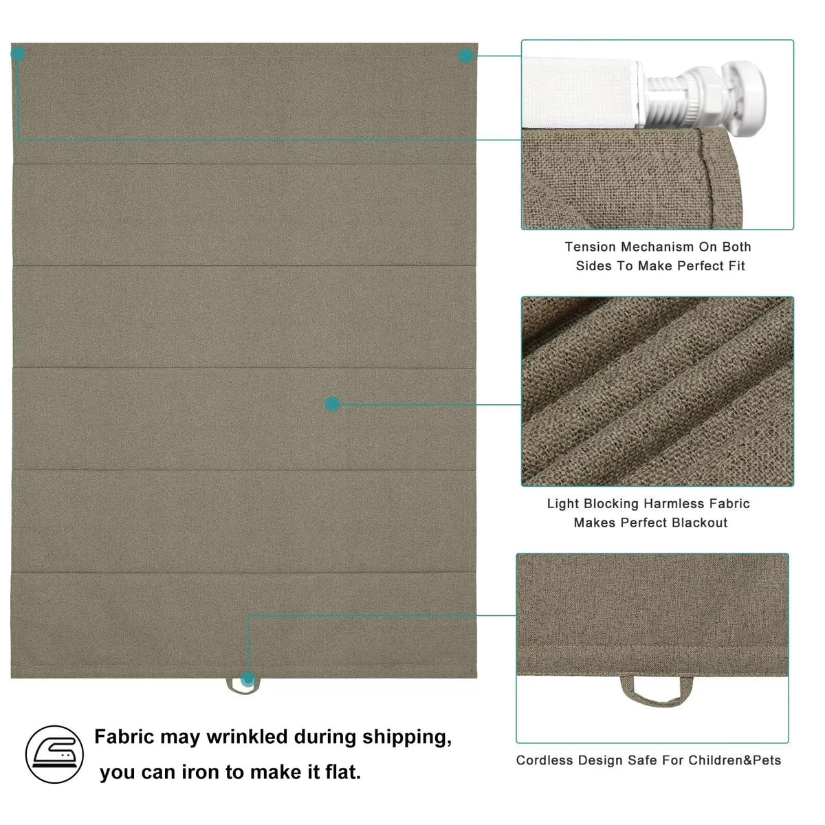 No Drill Roman Shades Cordless Blinds Blackout for Indoor Windows (Brown / 44"W x 64"H)