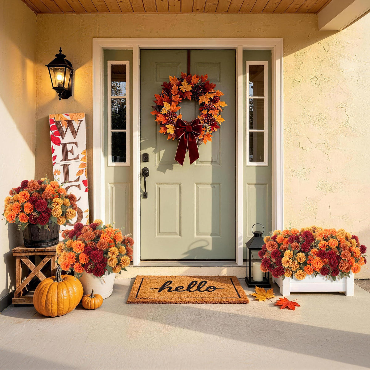 Artificial Mums Flowers for Outdoors Outside Decorations (3 Orange,3 Burnt Orange,3 Red,3 Yellow / 12PCS)