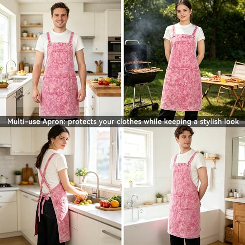 Denim Apron with Pockets and Adjustable Cross Straps for Hair Stylist Salon Nail Tech Barber Women Jean Aprons (Pink)