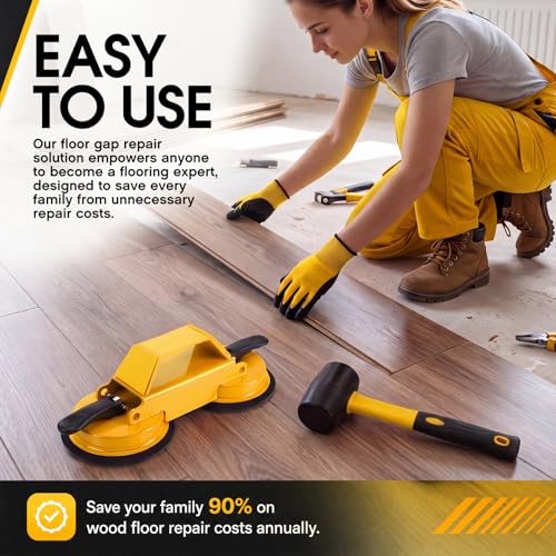 Floor Gap Fixer Tool Heavy Duty 45°Striking Surface Floor Gap Repair Tool Kit Iron Reinforced Suction Cup with Hammer Gloves and Sticky Pads for for Closing Gaps (Yellow)