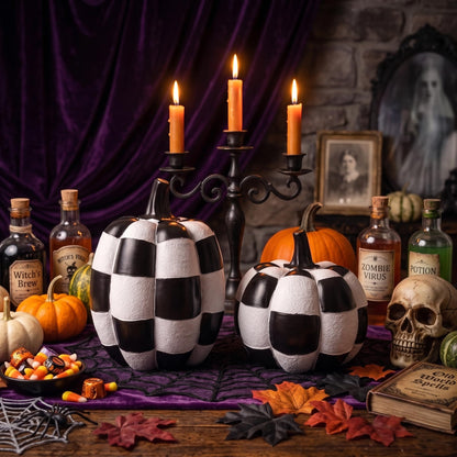 Black and White Checkered Pumpkins for Halloween Decoration Indoor (Black and White-2pcs / Resin)