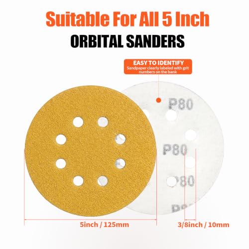 5-Inch 8-Hole Hook and Loop Sanding Discs Random Orbit Sandpaper, 200-Pack
