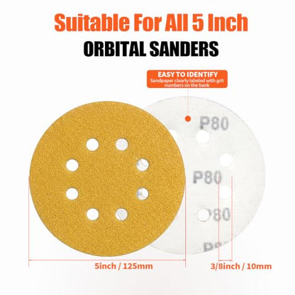 5-Inch 8-Hole Hook and Loop Sanding Discs Random Orbit Sandpaper, 200-Pack