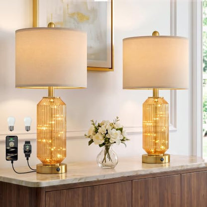 Glass Table Lamps Set of 2 with Nightlight for Bedroom