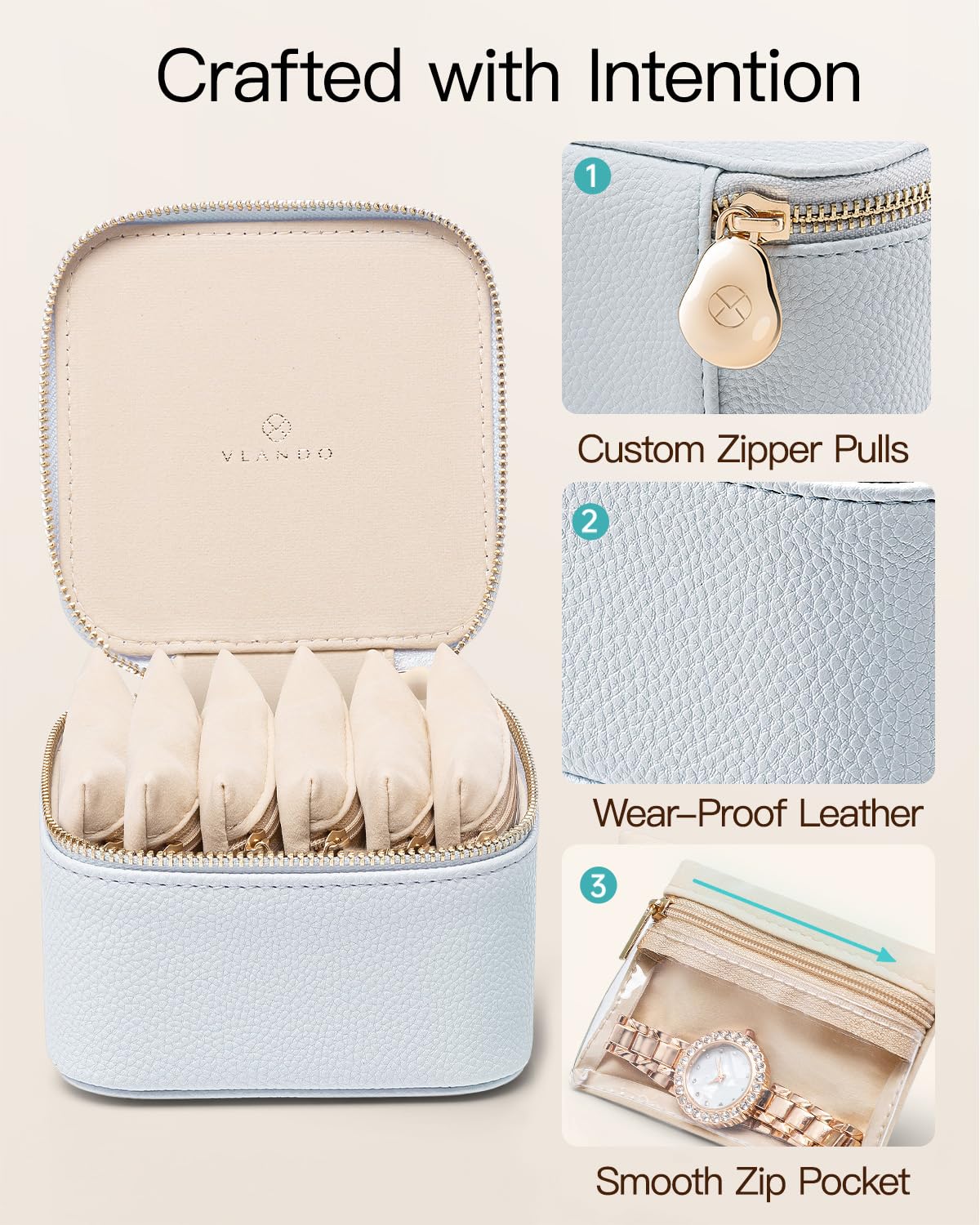 Travel Jewelry Organizer Case with 6 Clear Velvet Zipper Pouches (F.6 PCS Blue)