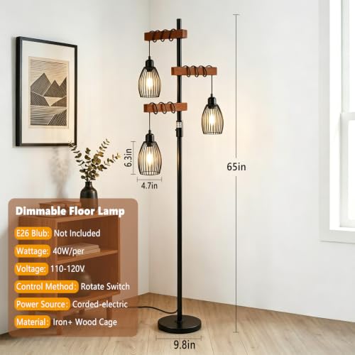 3 Lights Wood Floor Lamp for Bedroom