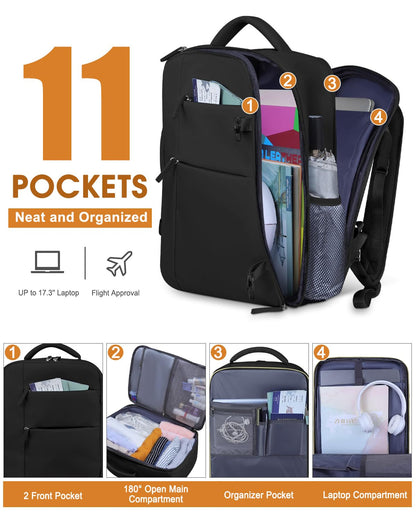 Travel Backpack for Women Men Waterproof Laptop Backpack Airlines Approved Carry On Backpack Bag Computer Bookbag for Business (Black Zipper / 17.3 Inch)