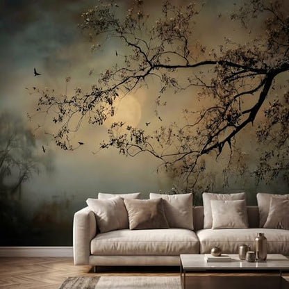 3D Flower Tree Peel and Stick Wall Mural with Gold Tree Body Self Adheisve Floral Mural Wallpaper for Living Room Bedroom Kids Room