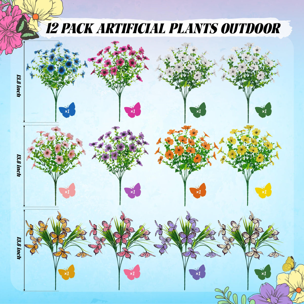 12Pcs Artificial Flowers for Outdoors with Large Fake Butterfly Flowers