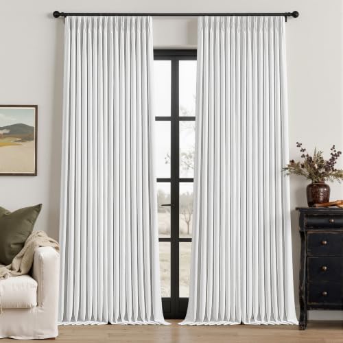 White Linen Blackout 96 Inch Curtains for Living Room 2 Panels Set Pinch Pleated Back Tab Drapes Farmhouse Thermal Insulated Full Black Out Curtains 96 Length High Ceiling to Floor 50 Inch Wide (Snow White / 50"W x 96"L (Pack of 2))