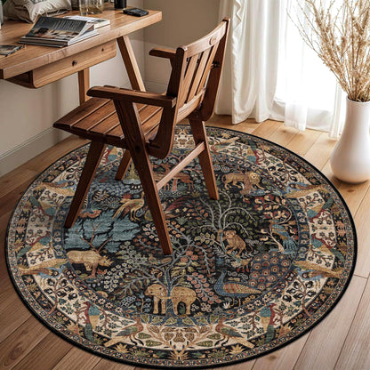 4ft Round Rug Circular Animal Print Area Rug Low Pile Indoor Rug (Vintage Black / 4' (Round))