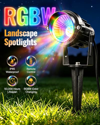 RGBW Spot Lights Outdoor 12W Color Changing Landscape Lighting Remote Control 120V RGBW Landscape Lights Waterproof LED Outdoor Spotlights for Yard Garden Patio Lawn Decorative
