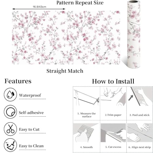 Floral Peel and Stick Wallpaper Pink Floral Contact Paper Cherry Blossom Self Adhesive Removable Wall Paper Flower Peel and Stick Wallpaper for Nursery Living Room Decor Vinyl