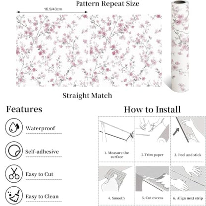 Floral Peel and Stick Wallpaper Pink Floral Contact Paper Cherry Blossom Self Adhesive Removable Wall Paper Flower Peel and Stick Wallpaper for Nursery Living Room Decor Vinyl