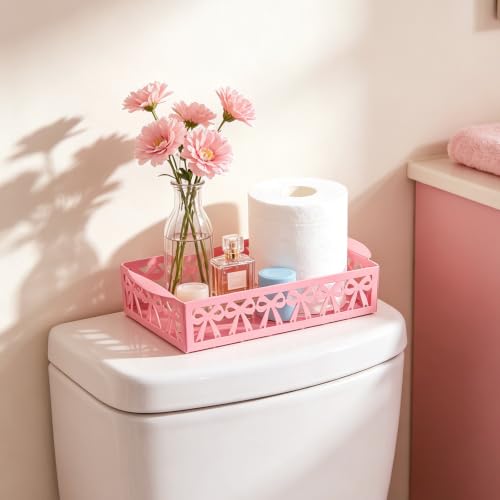 Pink Bow Bathroom Decor Toilet Paper Holder Cute Metal Toilet Tank Top Paper Basket with Handle