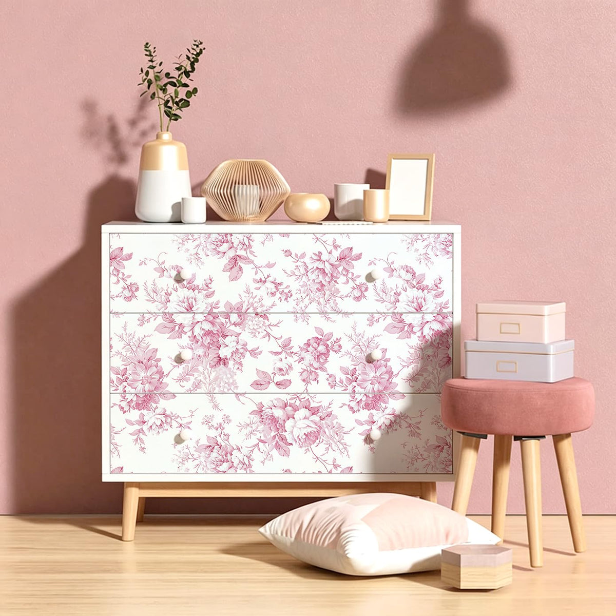 Floral Peel and Stick Wallpaper Pink Flower Paper 17in x 118in (Pink / 16.9" x 118.1")