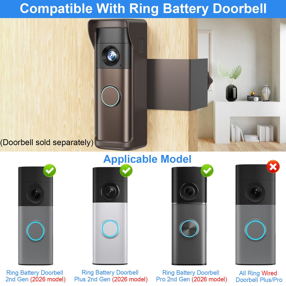 Anti Theft Doorbell Mount Compatible with Ring Newest 2026 Battery Doorbell (Brown)