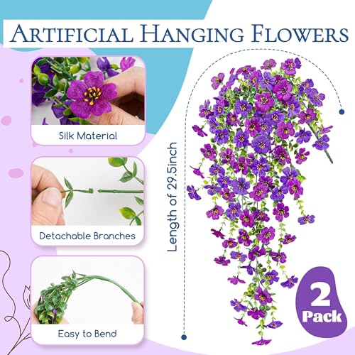 Artificial Hanging Flowers for Outdoors UV Resistant Fake Hanging Plants for Spring Decoration (Lavender / Deep Purple)