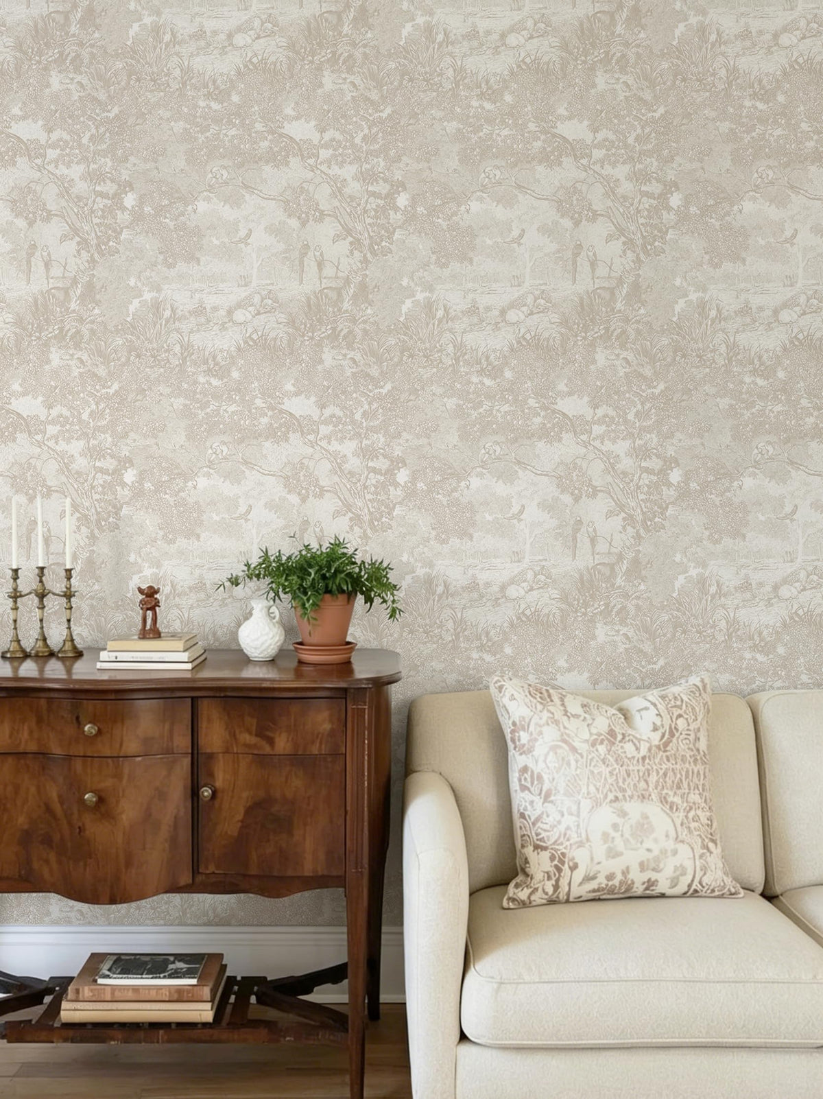 Peel and Stick Wallpaper Oatmeal Cream Vintage Forest Animals Floral Wallpaper Removable Self (Cream / 17.3" x 78.7")