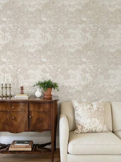 Peel and Stick Wallpaper Oatmeal Cream Vintage Forest Animals Floral Wallpaper Removable Self (Cream / 17.3" x 78.7")