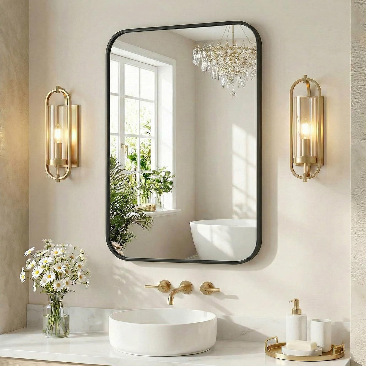 Bathroom Wall Mirror (Black-round Corner / 30"L x 40"W)