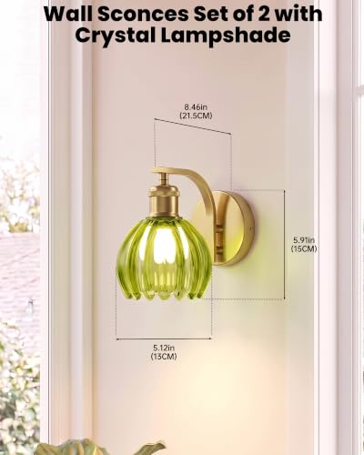 Vintage Brass Hardwired Wall Sconces with Green Tulip Glass Shade