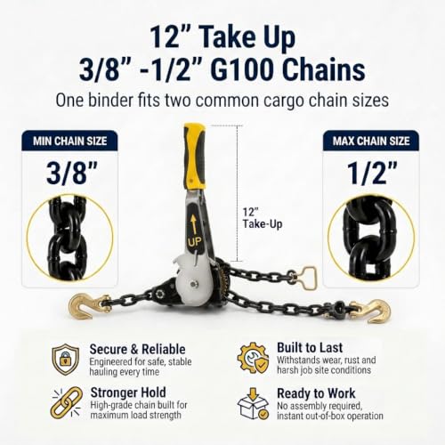 2 Pack 3/8"-1/2" EZ Ratchet Chain Binder with G70 Grab Hooks, Ratchet Load Binder Kit, 6600 lbs WLL Heavy Duty Cargo Tie Down for Flatbed Trailers & Trucks (3/8" - 1/2"(2 Pack))
