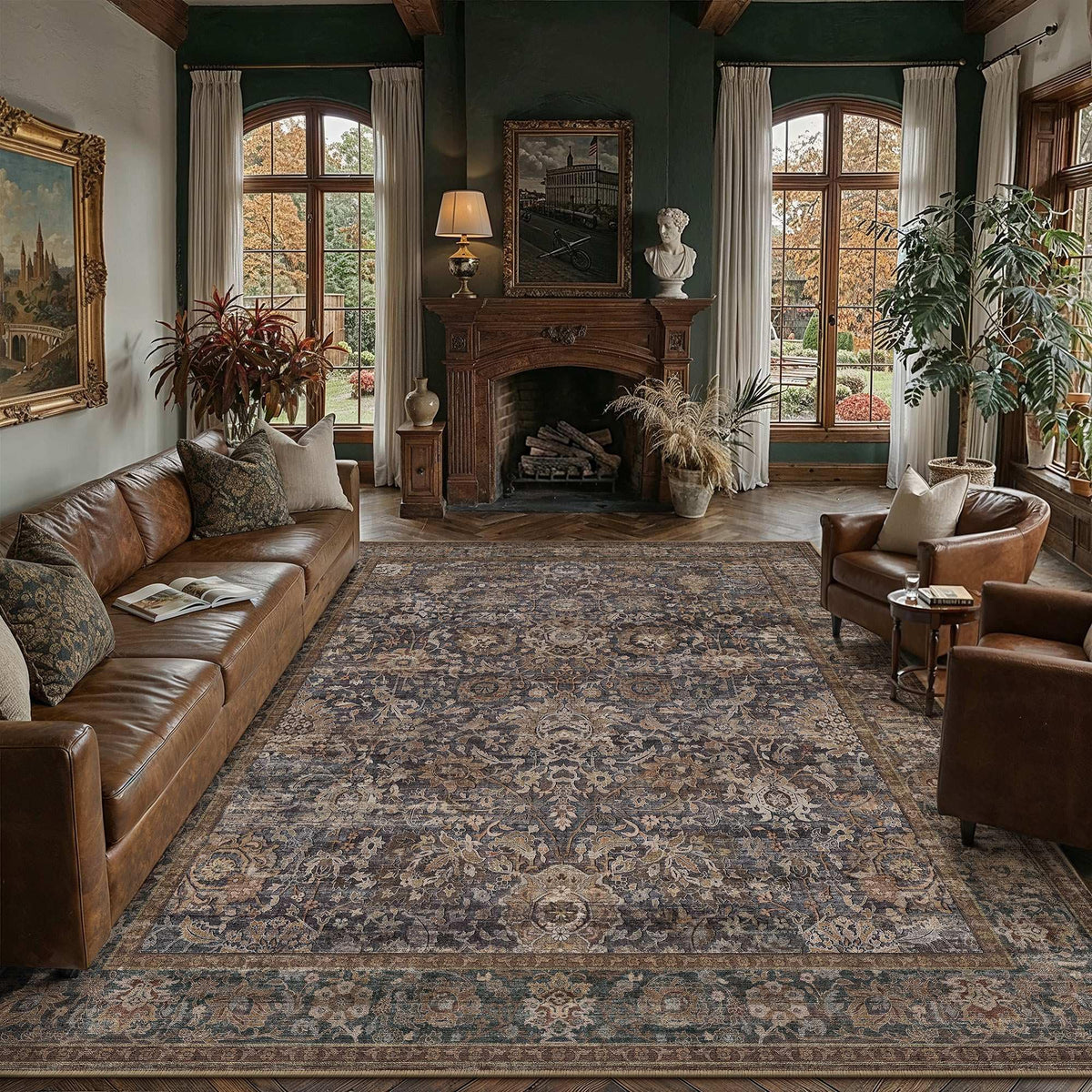 Area Rugs 8x10 Blue Brown Vintage Rug for Living Room (Retro | Blue Brown / 8' x 10' (Rectangular))