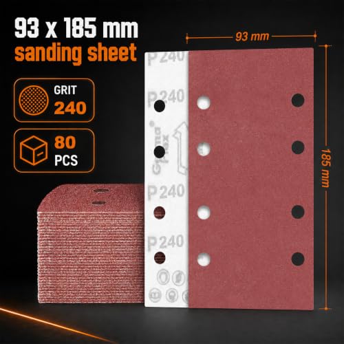 80 PCS 1 3 Sandpaper Sheets 240 Grit 8 Hole (GRIT 240 / 3.6 x 7.3 INCH)