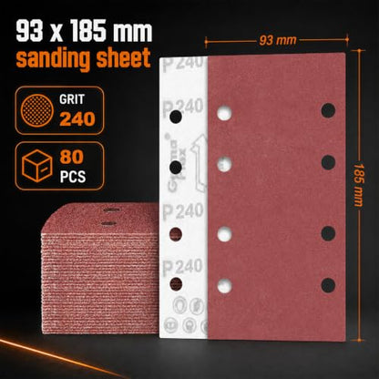 80 PCS 1 3 Sandpaper Sheets 240 Grit 8 Hole (GRIT 240 / 3.6 x 7.3 INCH)