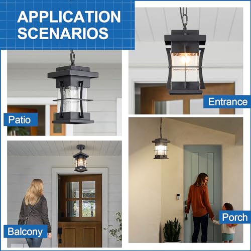 Outdoor Pendant Light Black Mission Style Hanging Lantern with Seeded Glass Waterproof Outdoor Ceiling Mount Light