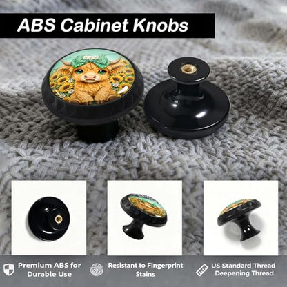 4 Pack Highland Cow with Sunflower Cabinet Knobs for Kitchen