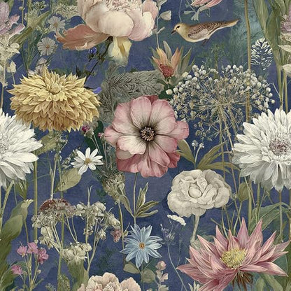 Vintage Floral Wallpaper Peel and Stick Dark Blue Floral Peel and Stick Wallpaper Boho Flower Leaf Contact Paper Bird Self
