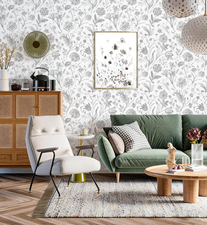 White Grey Vintage Floral Peel and Stick Wallpaper 17in x 118in (Grey/White / 17.3" x 118.1")