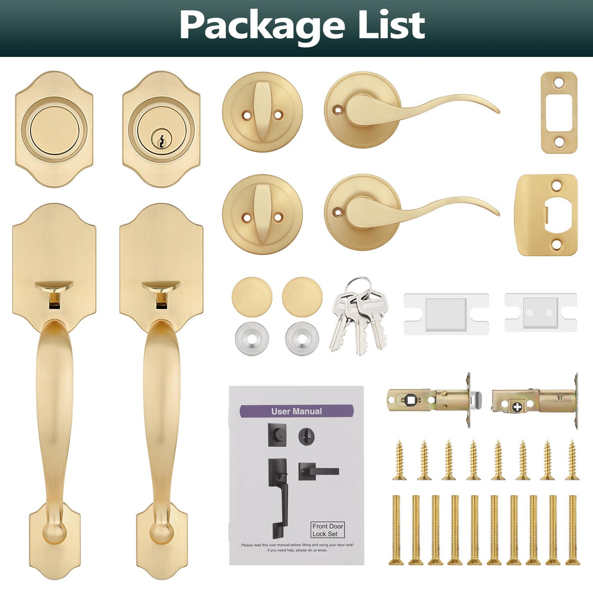 Gold Double Front Door Handle Set (Satin Brass)