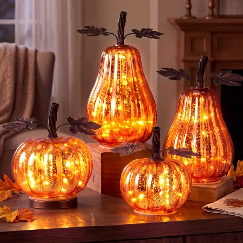 4 Pcs Glass Pumpkin Lighted Fall Thanksgiving Decor