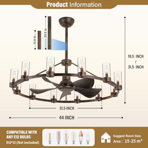 44" Wagon Wheel Chandelier Ceiling Fan with 12 Lights