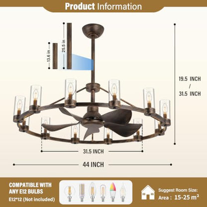 44" Wagon Wheel Chandelier Ceiling Fan with 12 Lights