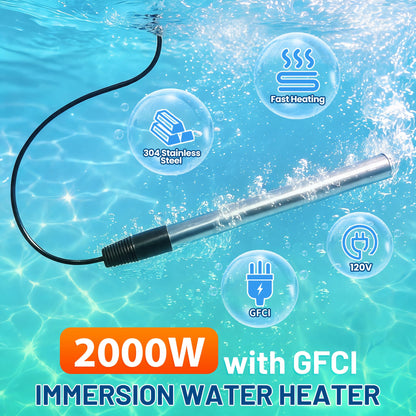 2000W 120V Portable Immersion Water Heater with GFCI for Hot Tubs & Spa (Dark)