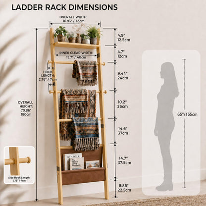 71" 4-in-1 Blanket Ladder for Living Room, 5-Tier Leaning Bamboo Decorative Towel & Quilt Rack with Magazine Leather Pocket, 4 Detachable Hanging Bars, Space-Saving Shelf for Bedroom (Natural) (Natural)