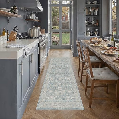 2x6 Blue Washable Runner Rug Non Slip Retro Distressed Carpet (Distressed | Blue / 2' x 6' (Runner))