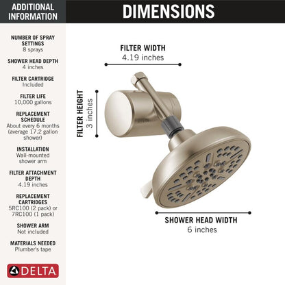 8 Setting Shower Head Brushed Nickel with Clarifi Standard Shower Filter Attachment with Filter (Satin Nickel)