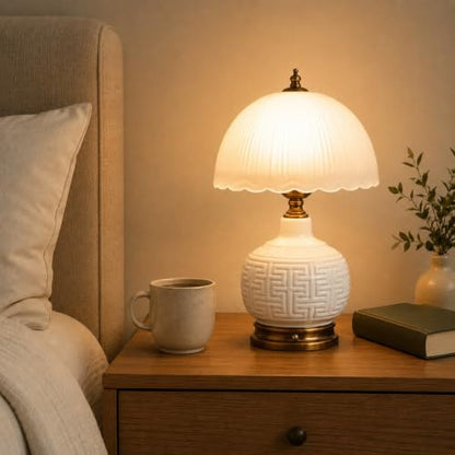16" Vintage White Ceramic Table Lamp for Bedroom (White Ceramic + White Shade（Chinese）)