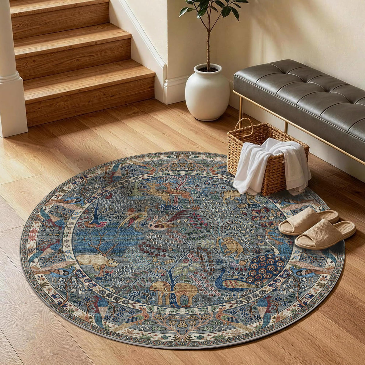 4ft Round Rug Circular Animal Print Area Rug Low Pile Indoor Rug (Dusty Blue/Multi / 4' (Round))