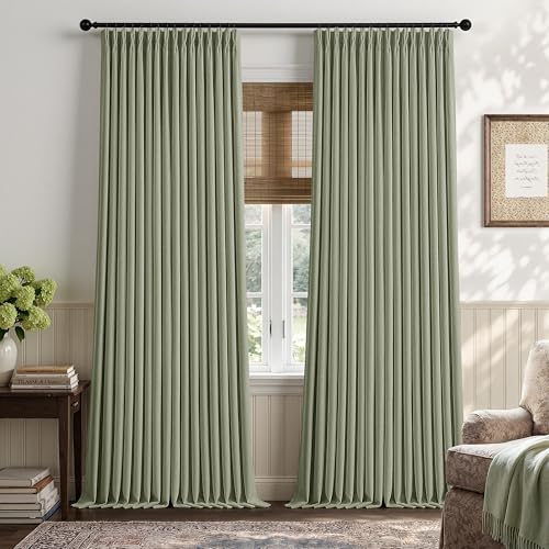Sage Green Pinch Pleated 100% Blackout Linen Bedroom 90 Inch Curtains (Sage Green / 50"W x 90"L (Pack of 2))