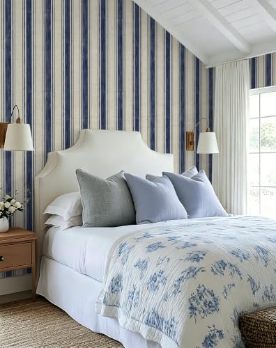 Wallpaper Peel and Stick Blue and Cream White Striped 17.3"x197" Vintage Hand (Blue and Cream White / 17.3" x 197")