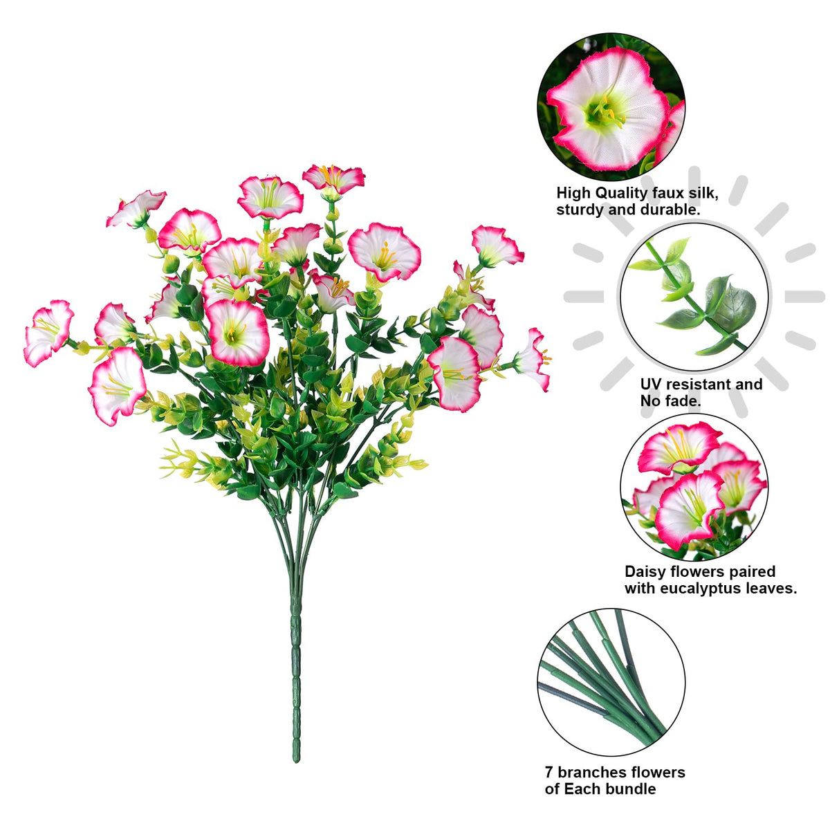 Artificial Faux Outdoor Flowers Plants for Spring Summer Decoration (12 Bundles Pink)